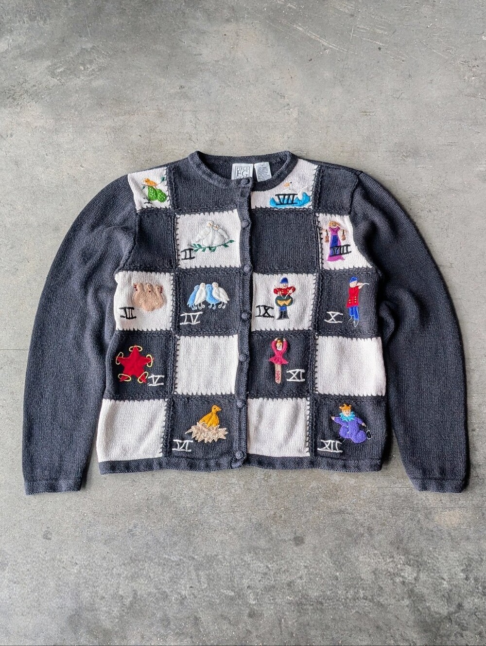 Vintage 12 Days of Christmas Black White Patchwork Cardigan Sweater small - Picture 1 of 7